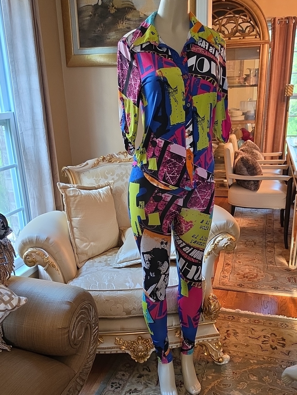 Vibrant Graphic Print Legging Jumpsuit - Neon Multi